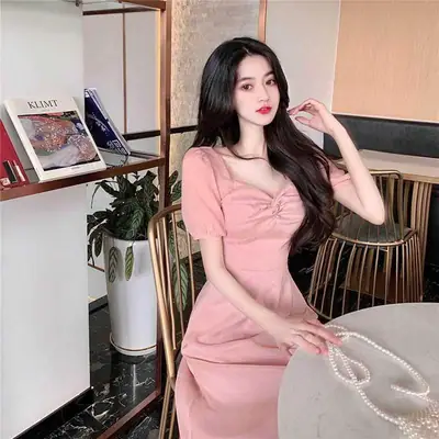 French Square Collar Twist Dress for Girls Pink 2025