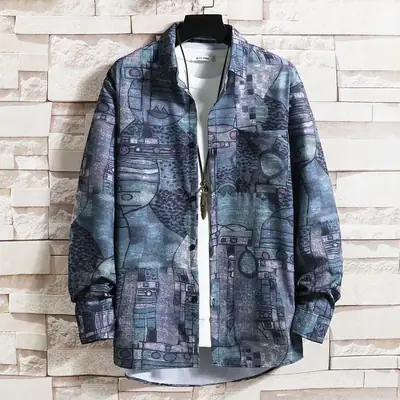 Men's Cyber Print Long Sleeve Shirt Hong Kong Style
