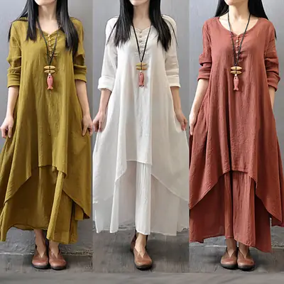 2022 Fake Linen Dress Long Sleeve Cotton Linen Artistic Large Swing