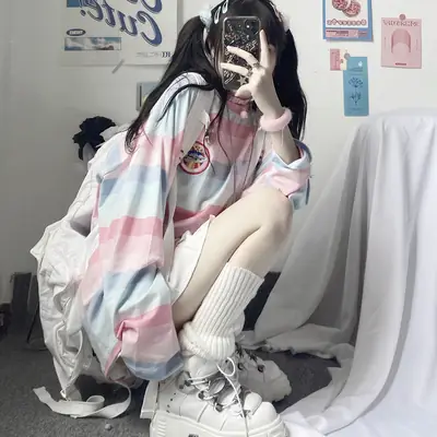 Rainbow Striped Long Sleeve T-Shirt for Girls Korean Style