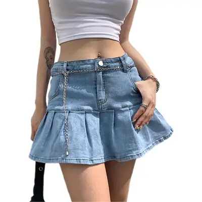 Women Denim Shorts with Belt & Chain Accessory