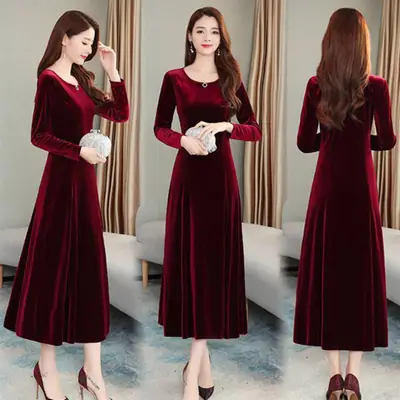 Gold Velvet Knee-Length Dress for Women Long Sleeve Evening Wear