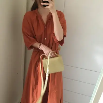 Green Korean Style Single Breasted Dress with Lantern Sleeve