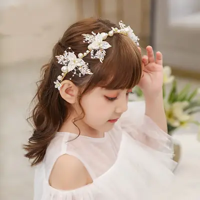 Kids Japanese Rhinestone Hairband Braided Pearl White