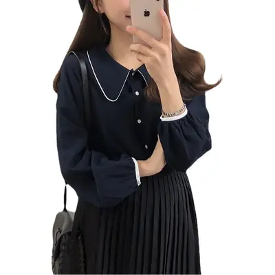 Women French Style Collar Long Sleeve Shirt Navy Blue