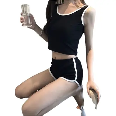 Women's Gray Slim Fit Shorts Set Summer Casual Home Sportswear