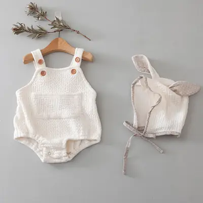 White Korean Style Newborn Baby Climbing Suit with Rabbit Strap