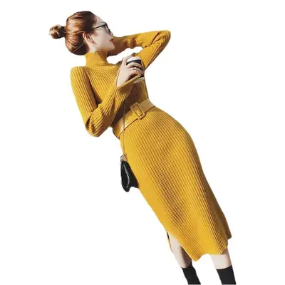 Women's Long Knitted Wool Dress Yellow High Collar Skirt