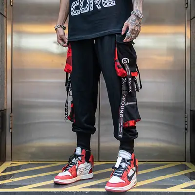 Men Black Hip Hop Ribbon Ankle Tied Pants