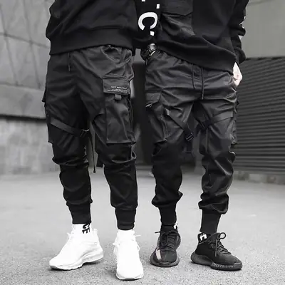 Men Black Crossbody Pants Set with Multi-Pockets Ankle-Tied Pants