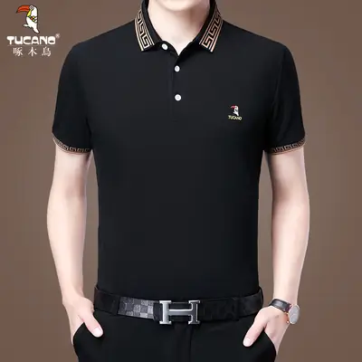 Men Black Cotton Polo Shirt with Embroidered Details