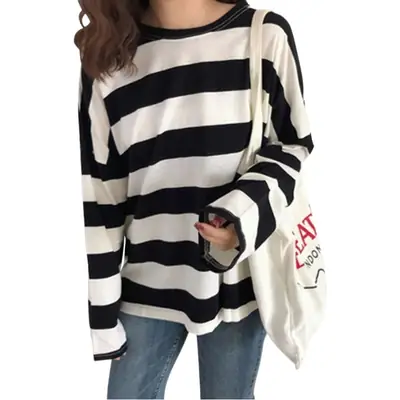 Women Long Sleeve Striped T-Shirt Blue White Casual Wear