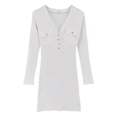 White Slim Fit V-Neck Long Sleeve Dress for Women