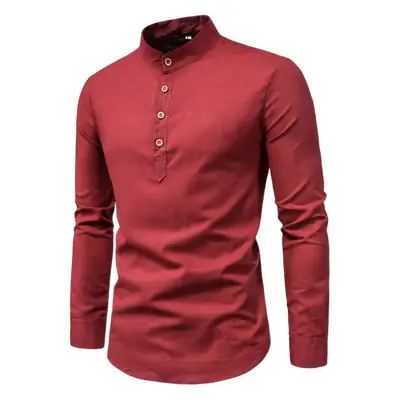Men Linen Long Sleeve Shirt Blue Stand Collar