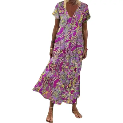 Aliexpress Boho Printed V-Neck Dress Orange Yellow