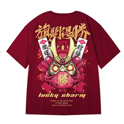 Men Harajuku Style Black T-Shirt with Wine Red Graphic Large