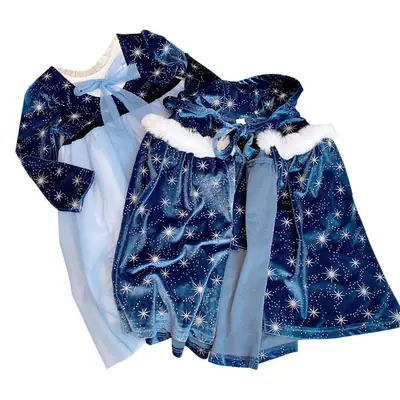2025 Spring New Girls Elsa Dress Blue Tulle Snow White Cloak