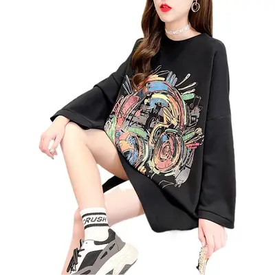 Women Loose Graffiti Sweatshirt Black 2024