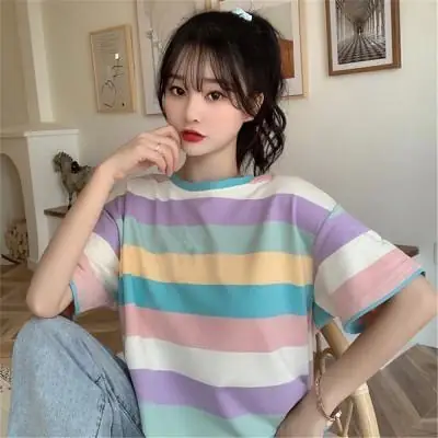 2025 Rainbow Striped Women's T-Shirt Loose Fit Casual Wear