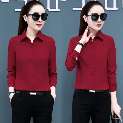 2025 Korean Style Long Sleeve Red Shirt Women Slim Fit