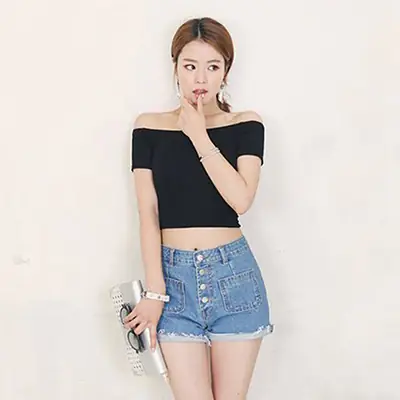 Women Pink Navel-Baring T-Shirt Short Sleeve Korean Style