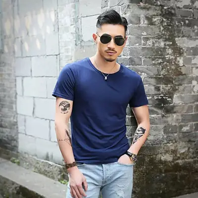 Men Slim Fit Blue T-Shirt Summer Casual Wear