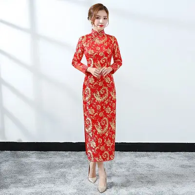 Red Chinese Wedding Dress for Moms Autumn Winter
