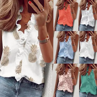 2023 Ruffled Sleeveless Pink Floral Top Women