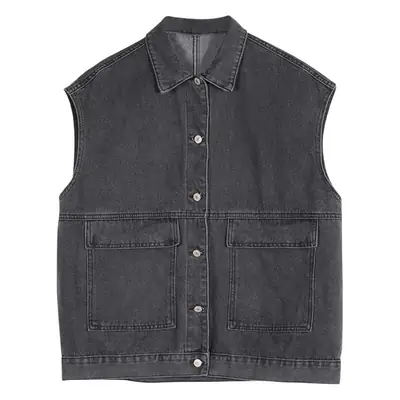 Women Denim Vest Jacket Black Striped Long Sleeve K-Style