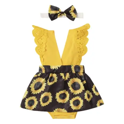 Yellow Sunflower Lace V-Neck Dress with Bow Headwear