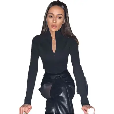 Black Long Sleeve Zipper Collar Sexy Jumpsuit for Women