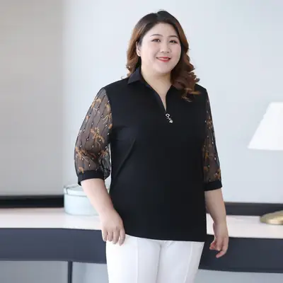 Plus Size Women Black Lace 3Q Sleeve Top
