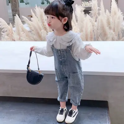 Girls Denim Overalls with Lace Shirt Two-Piece Suit