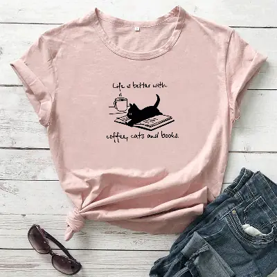 Pink T-Shirt with Cat Print, Coffee Cats Theme, Short Sleeve