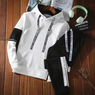 Men's White Black Hoodie Track Suit 202 Korean Fashion