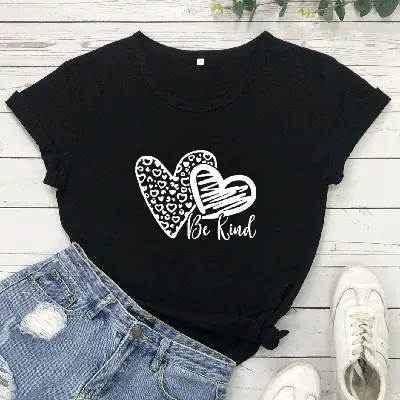Be Kind Heart Print T-Shirt Navy Blue Short Sleeve