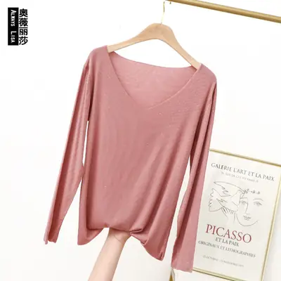 Black V-Neck Long Sleeve Modal T-Shirt for Women