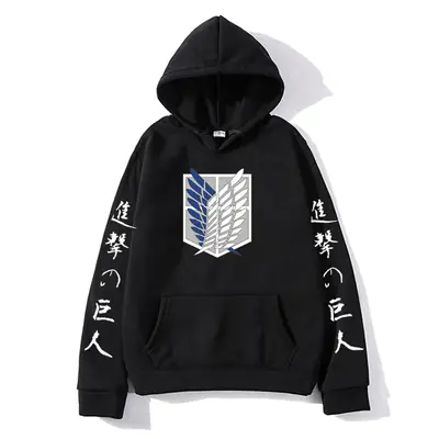 Men Black Attack on Titan Hooded Sweatshirt with Graphic Print
