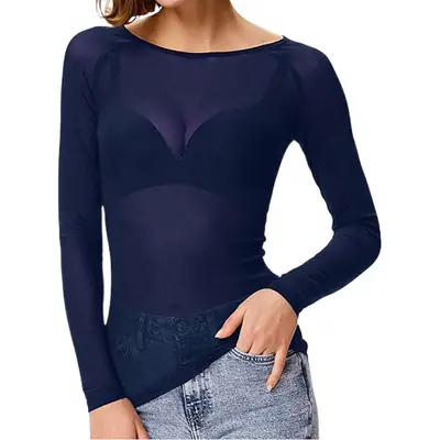 Women's Long Sleeve Black Transparent Mesh Top