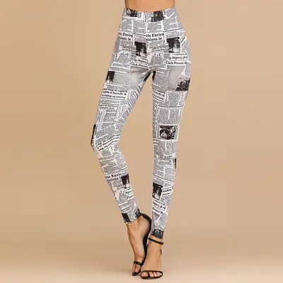Retro Newspaper Print Skinny Pants for Women