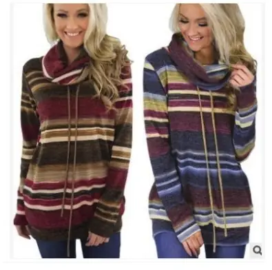 2018 Women's Striped Collar Sweatshirt Long Sleeve