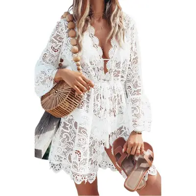 Women's White Lace Long Sleeve Sun Protection Dress
