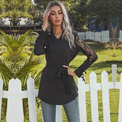 Black Tie-Up Sheer Mesh Shirt for Women