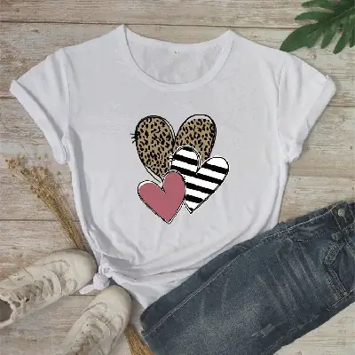 Valentine T-Shirt Grey Leopard Heart Print Short Sleeve
