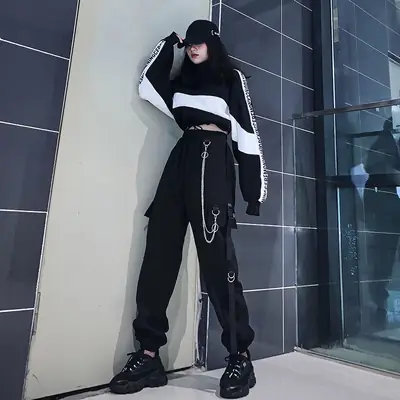 Women Dark High Waist Loose Slim Pants Set Black White