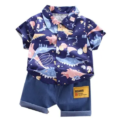 Baby Boy Cartoon Print Lapel Shirt Shorts Set Blue