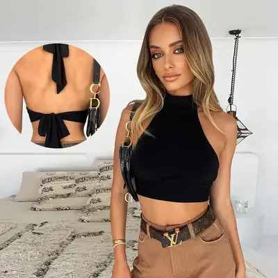 Women Sleeveless Crop Top Backless Halter Tie-Up Slim Fit T-Shirt