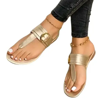 Foreign Trade Large Size Flip-Flops European and American Summer New Flats-Soled Flip-Flops Metal Buckle Decoration Outer Wear Slippers Women's Slippe