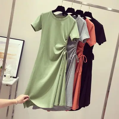 Green Drawstring T-Shirt Dress for Girls 2021