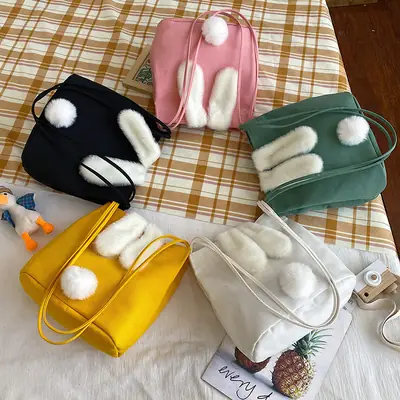 Korean Style Fur Slippers Yellow Handbag Set